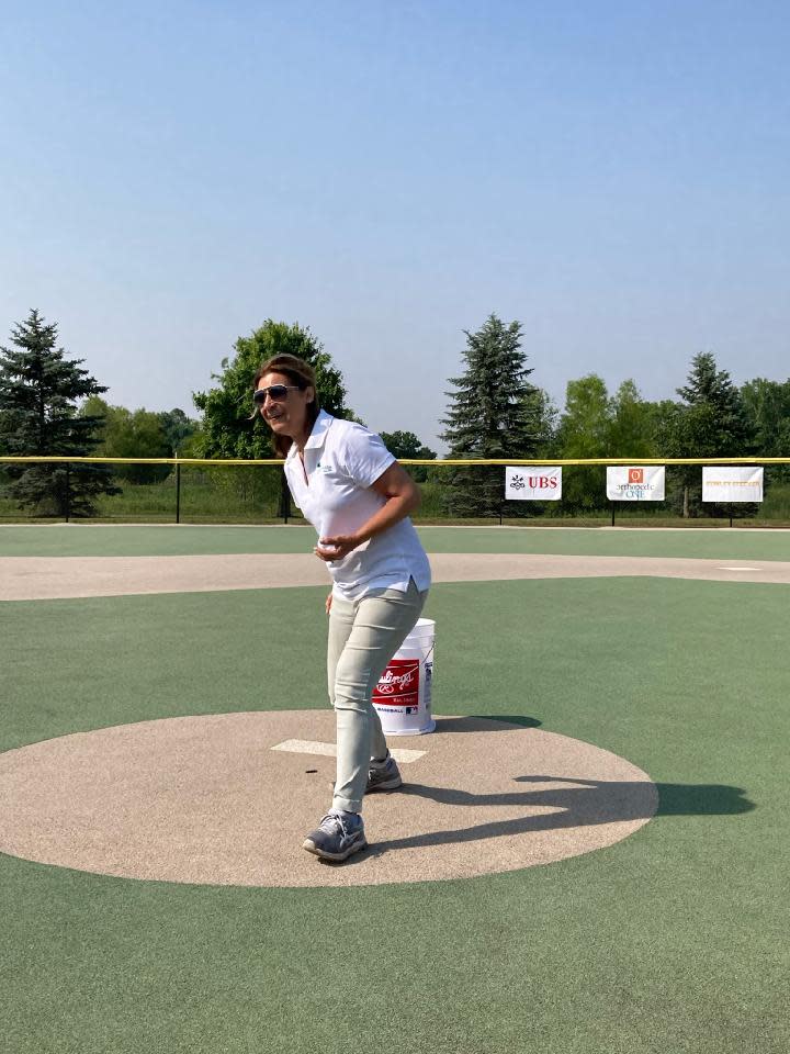 Mayor Jane Fox throwing the first pitch at the Miracle League of Central Ohio during a summer of giving.